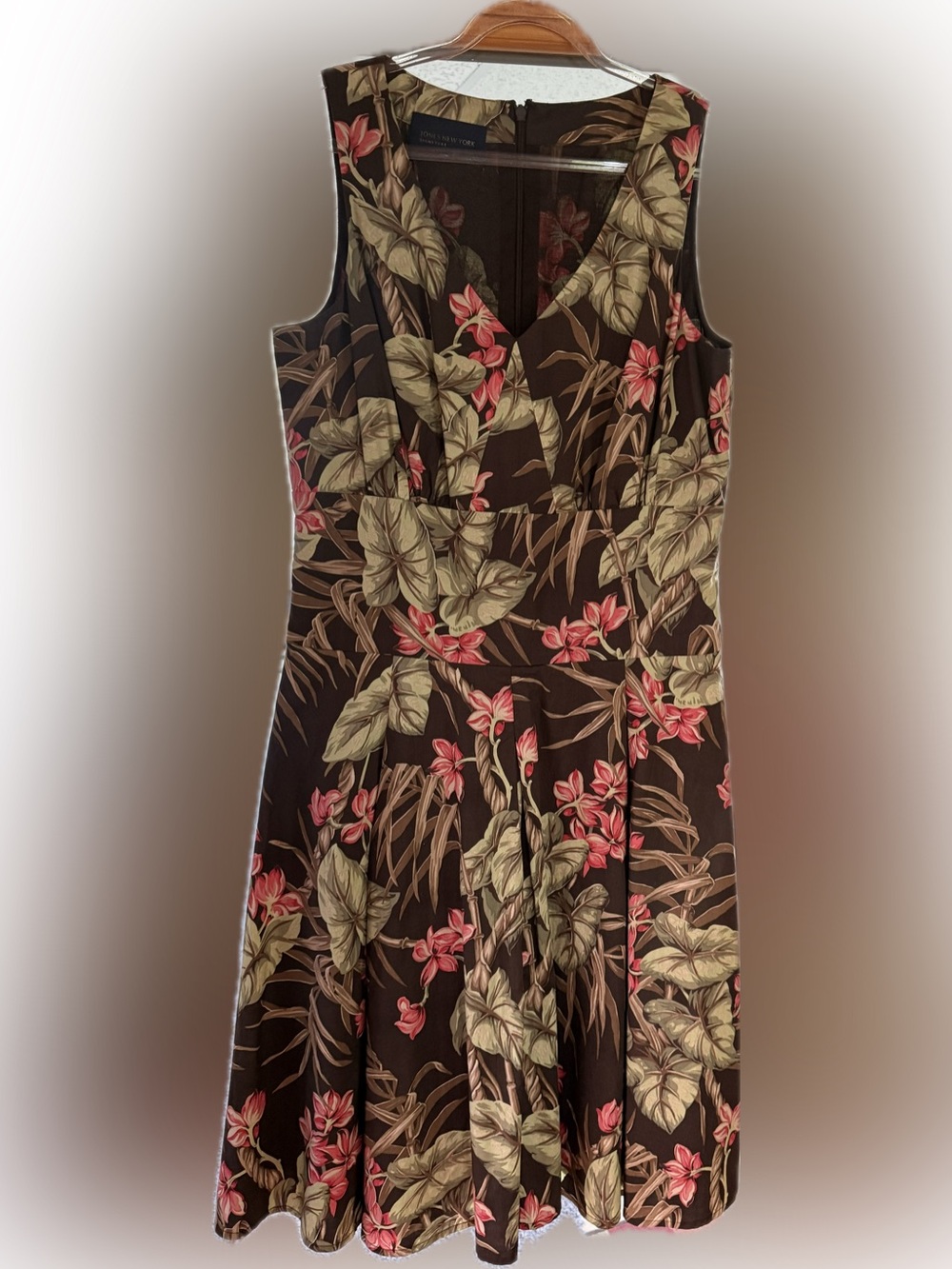 Jones New York Brown Floral V-Neck Sleeveless Midi Dress